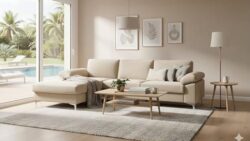 Canapé d'angle velours beige moderne 5 places