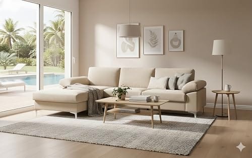 Canapé d'angle velours beige moderne 5 places Canapé d'angle velours beige moderne 5 places