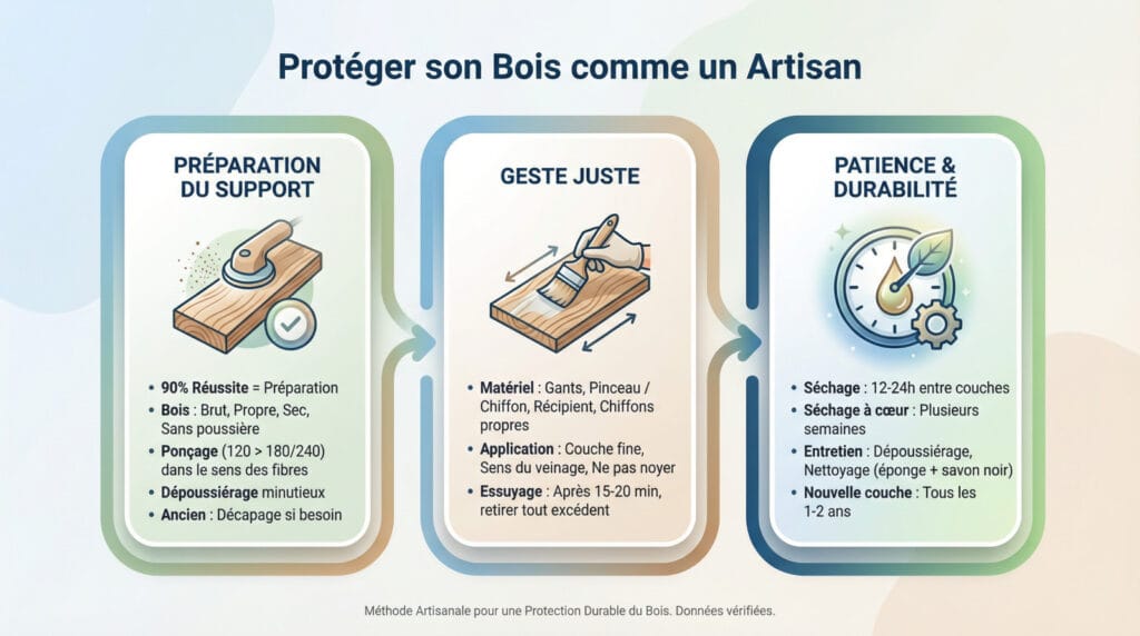Application soigneuse d'un mélange huile de lin et essence de térébenthine sur une surface en bois Application soigneuse d'un mélange huile de lin et essence de térébenthine sur une surface en bois