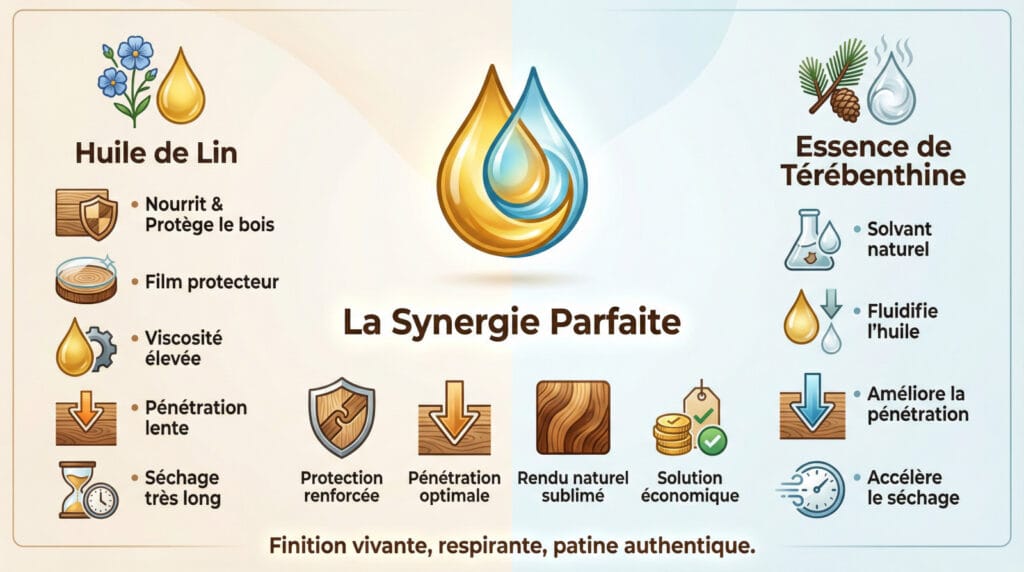 Mélange huile de lin et essence de térébenthine dans un bocal pour le traitement du bois Mélange huile de lin et essence de térébenthine dans un bocal pour le traitement du bois