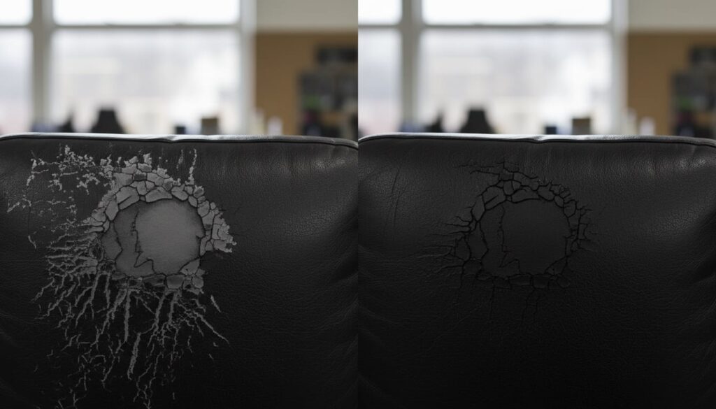 Différence entre réparation simili cuir avec et sans recoloration Différence entre réparation simili cuir avec et sans recoloration