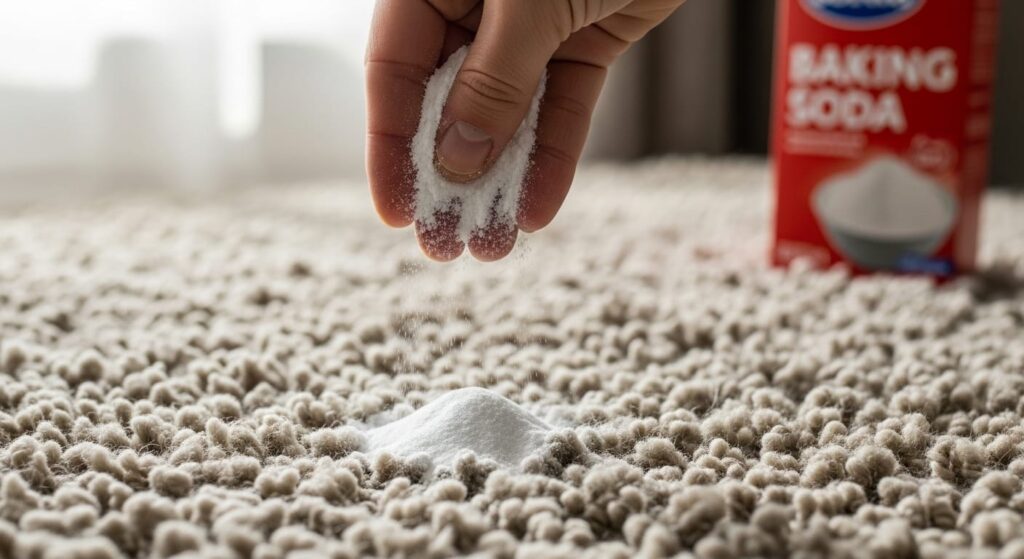 Saupoudrage de bicarbonate de soude sur un tapis en laine saupoudrage de bicarbonate de soude sur un tapis en laine