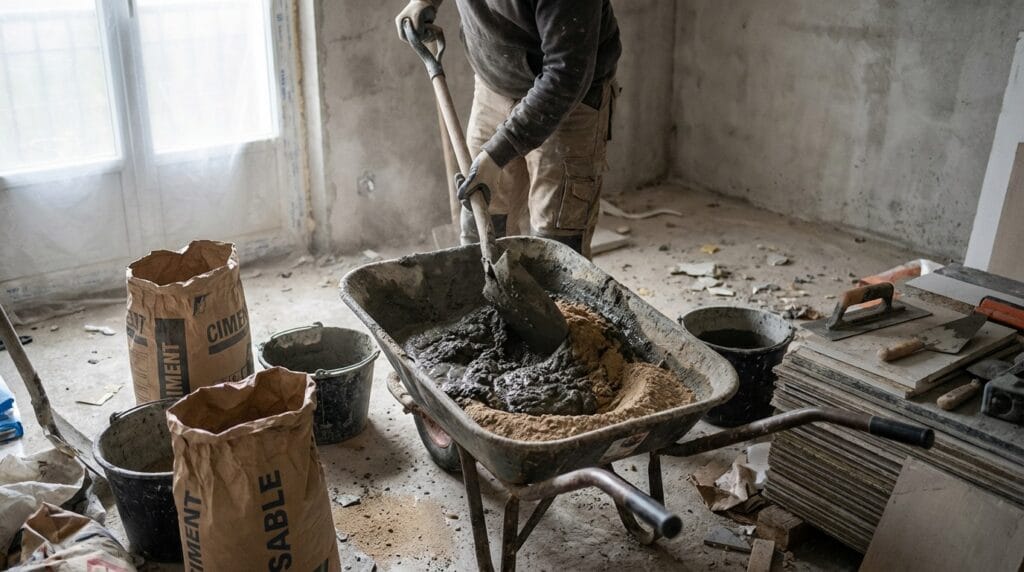 Bricoleur préparant une chape maigre avec pelle et brouette sur un chantier Bricoleur préparant une chape maigre avec pelle et brouette sur un chantier