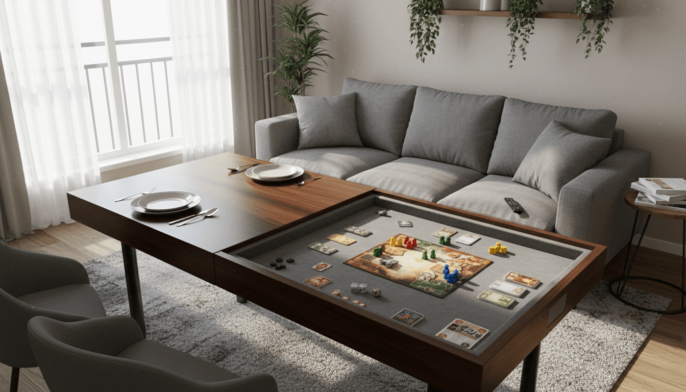 Table multifonctions combinant jeu, repas et travail table de jeu multifonctions avec plateaux modulables pour salon compact