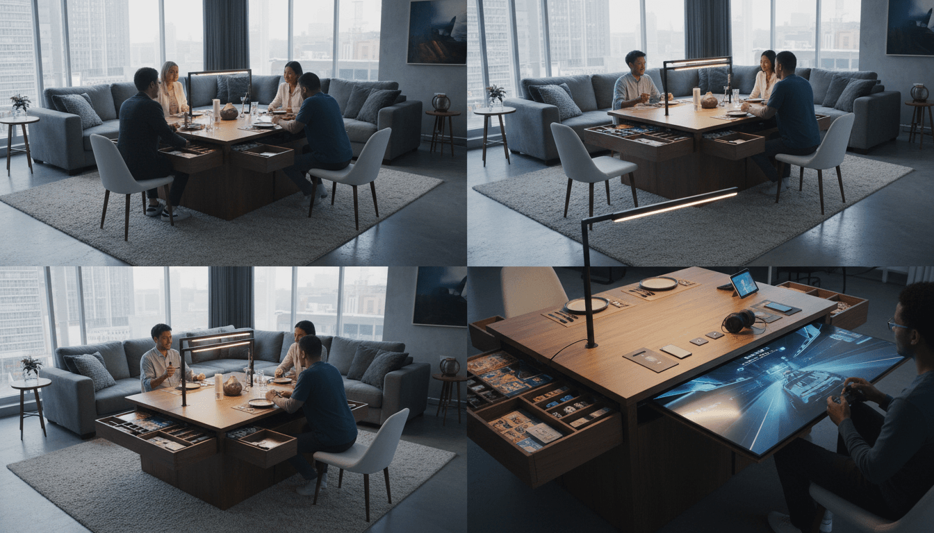 Optimisation d'espace grâce à une table multifonctions gain de place avec table de jeu centrale dans petit salon