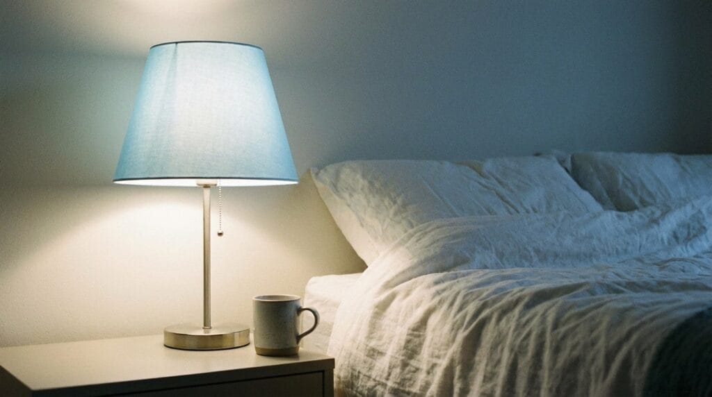 abat-jour bleu canard ou bleu nuit dans une chambre adule