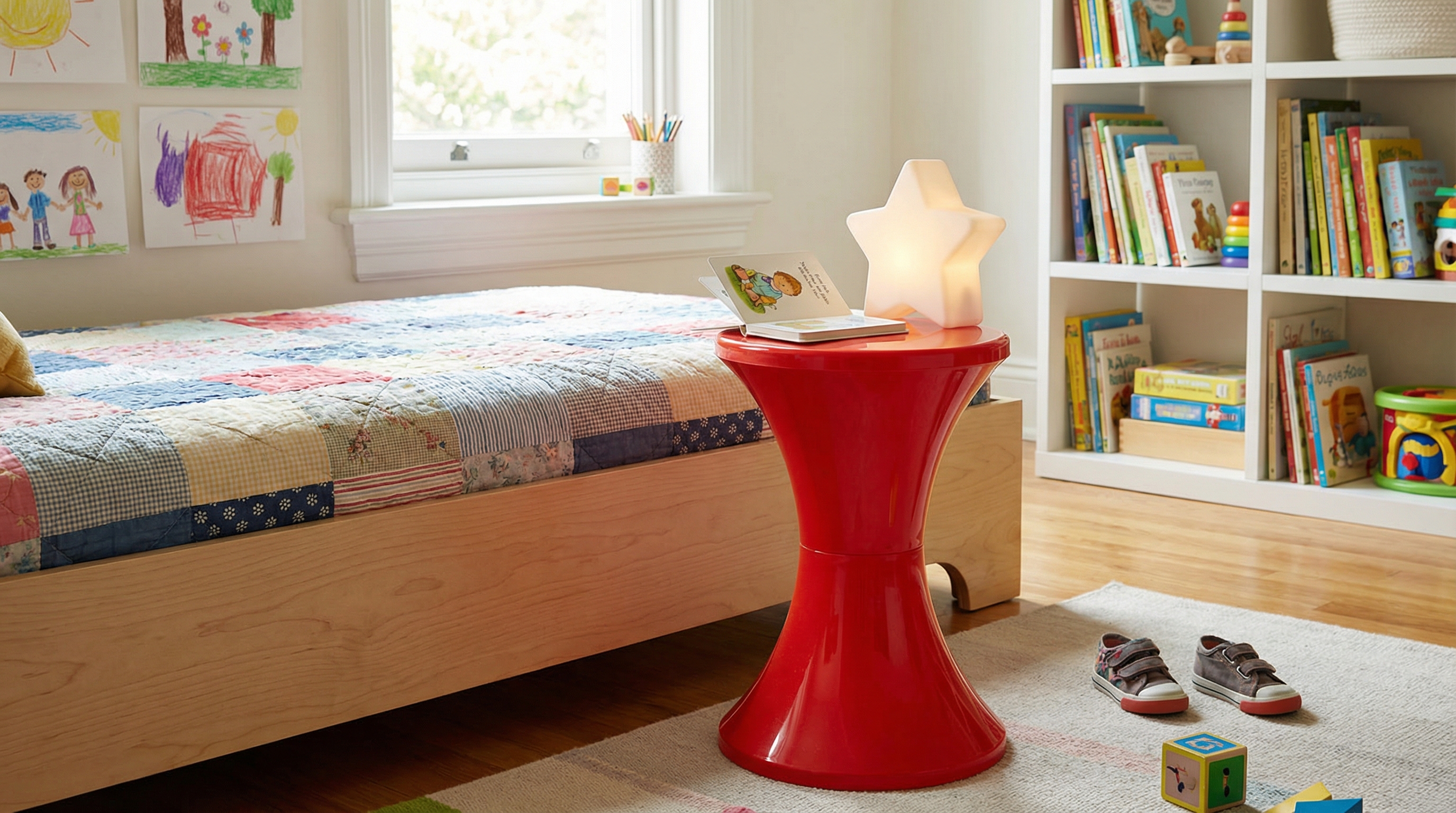 Tabouret Tam Tam design détourné en siège enfant ou table chevet.