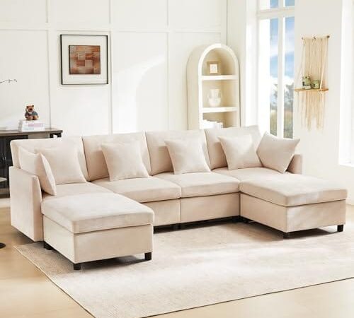 Canapé d'angle Modulaire en Chenille Beige Canapé d'angle Modulaire en Chenille Beige