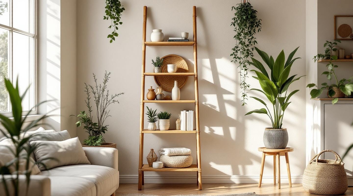Étagère échelle bohème en bambou pour petits espaces Étagère échelle bohème en bambou, pratique pour petits espaces.