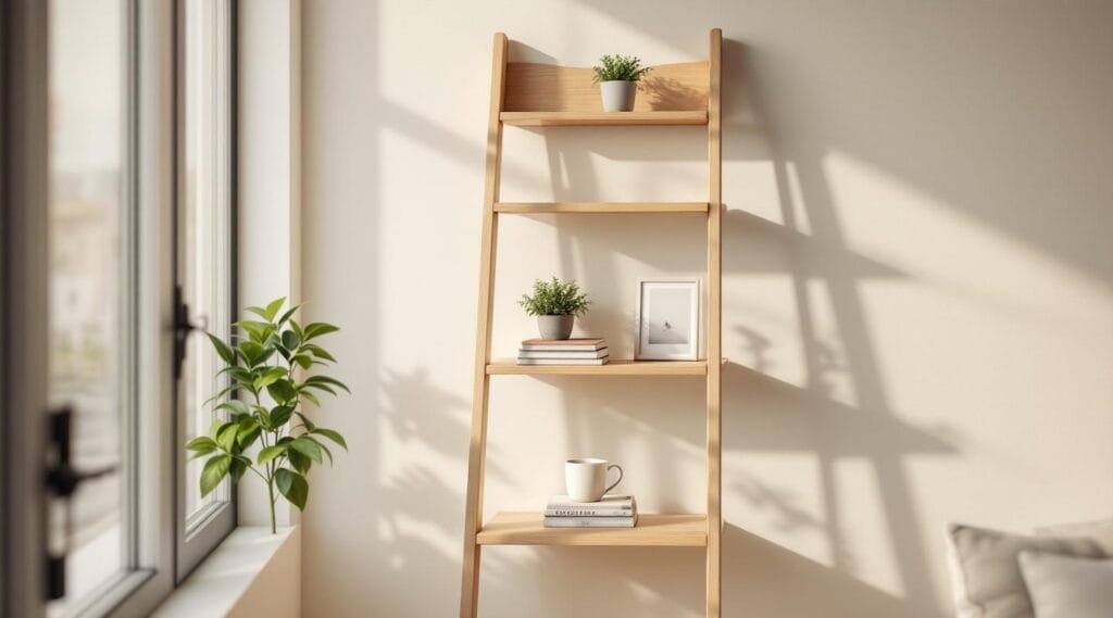 Étagère échelle : solution gain de place pour petits espaces. Étagère échelle bois clair, solution déco pratique petit espace.