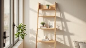 Étagère échelle bois clair, solution déco pratique petit espace.