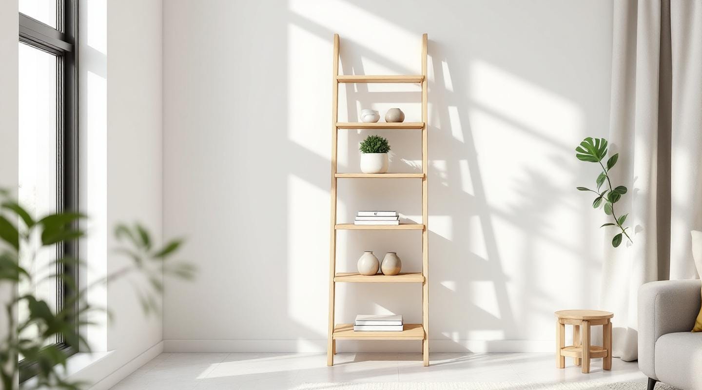 Étagère échelle : solution déco pratique petits espaces. Étagère échelle pratique, solution déco intelligente pour petit espace.