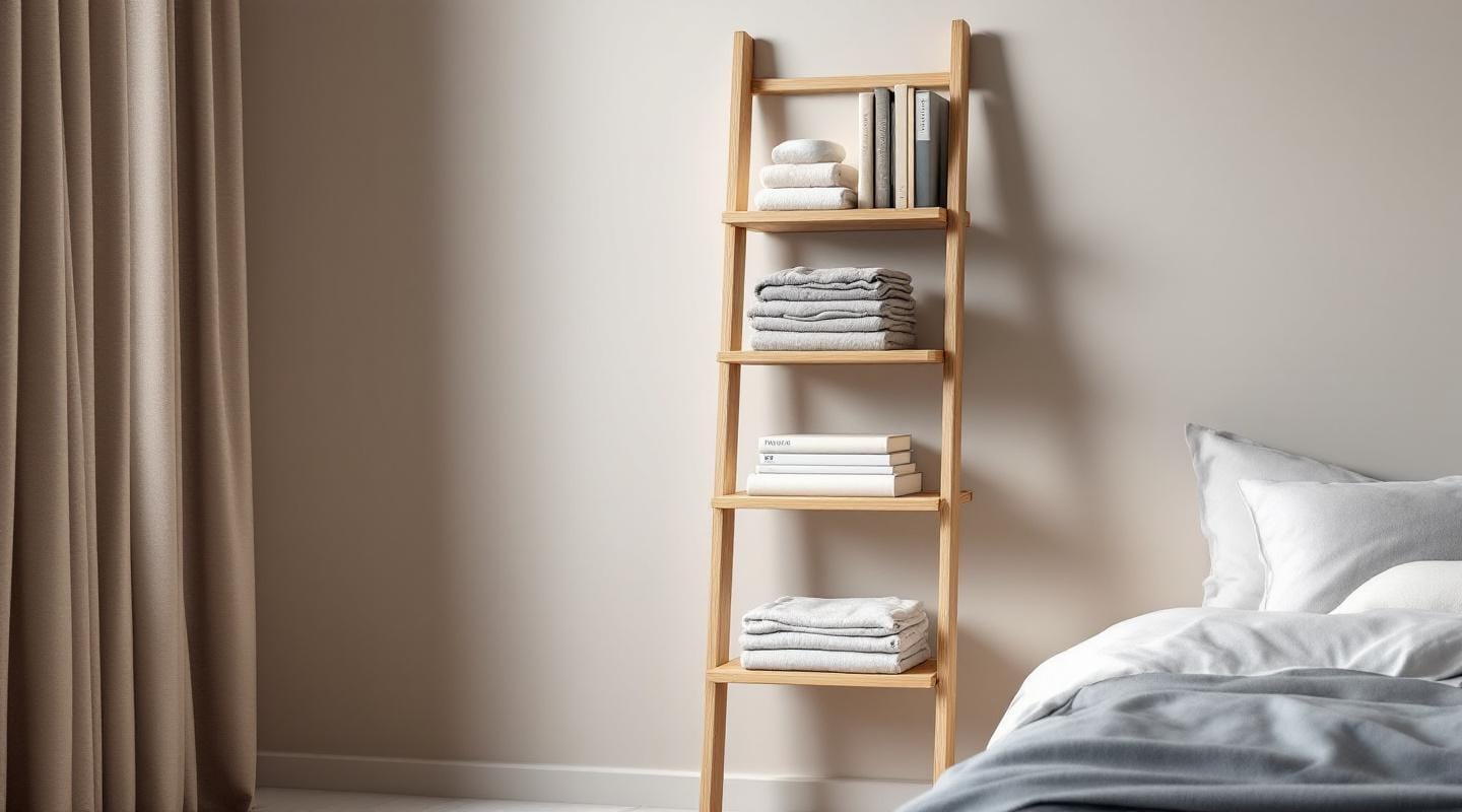 Étagère échelle, solution déco pratique pour petite chambre Une étagère échelle ingénieuse pour optimiser les petits espaces chambre.