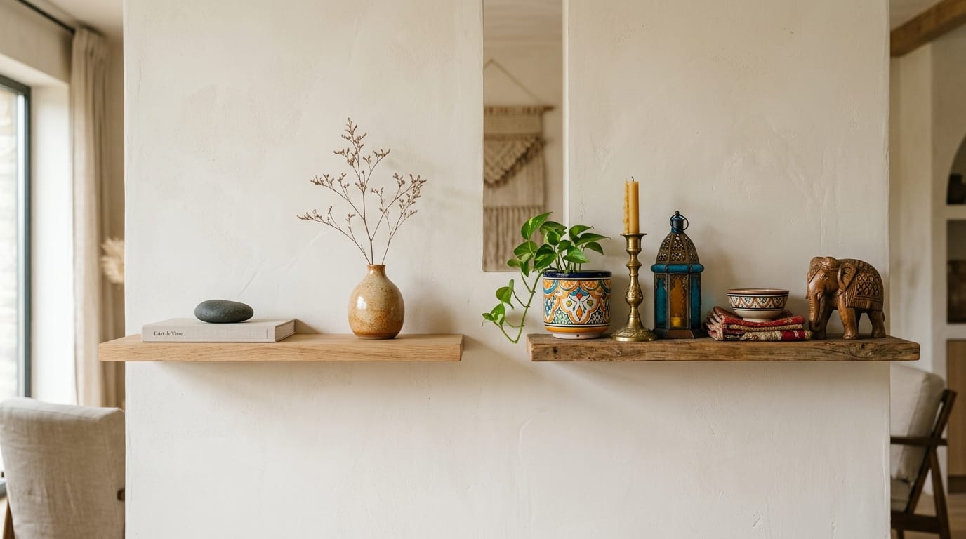 Deux étagères décorées selon les styles Japandi minimaliste et bohème maximaliste côte à côte