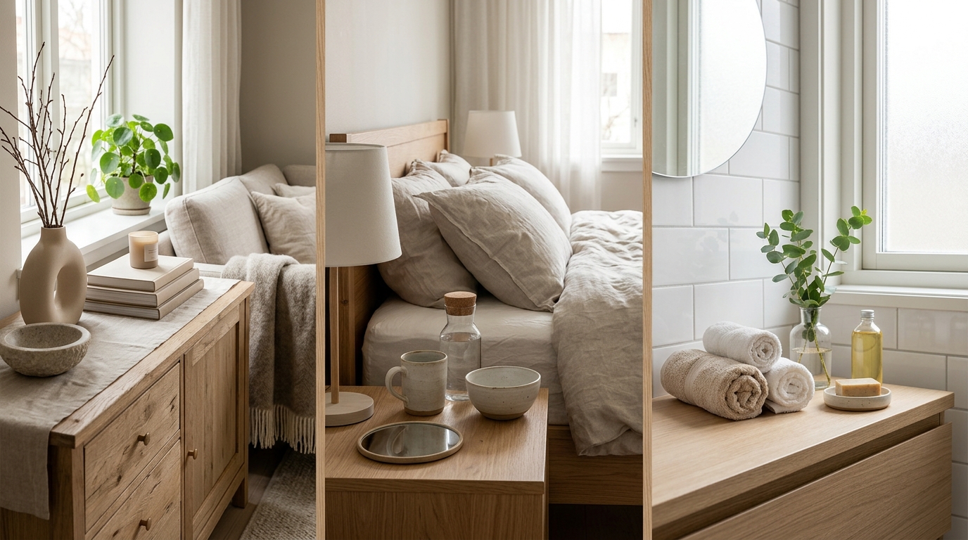 Triptyque d'intérieurs scandinaves montrant salon chambre et salle de bain avec accessoires décoratifs groupés