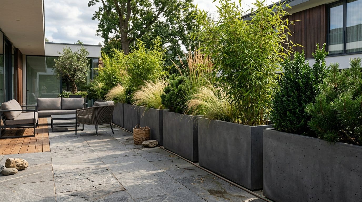 Bacs plantés de bambous et graminées décoratives