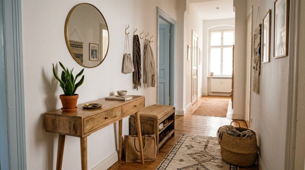 Banc en bois dans une entrée étroite