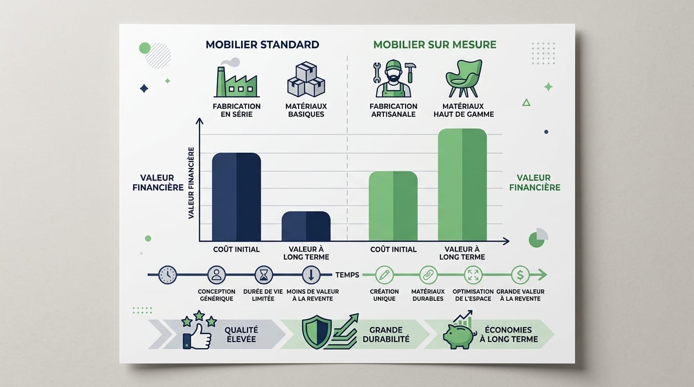 Graphique comparatif coût initial versus valeur long terme d'un meuble sur mesure et standard Graphique comparatif coût initial versus valeur long terme d'un meuble sur mesure et standard