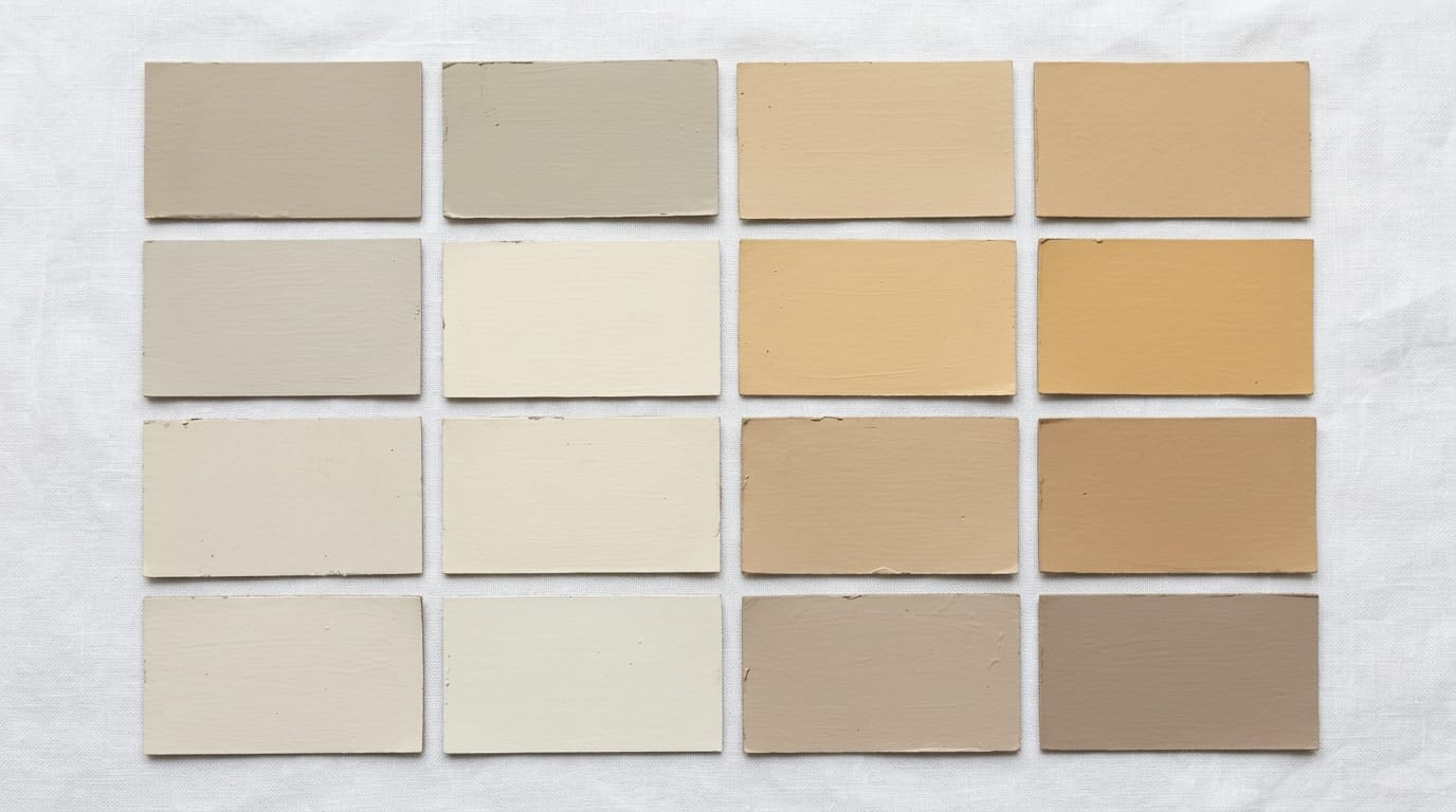 Échantillons de peinture beige aux nuances variées du miel au greige sur surface blanche