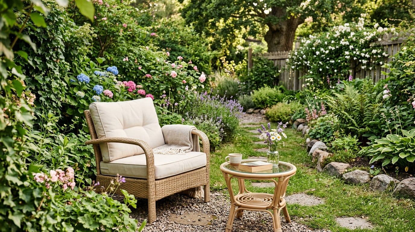 Coin détente avec fauteuil, banc et table basse