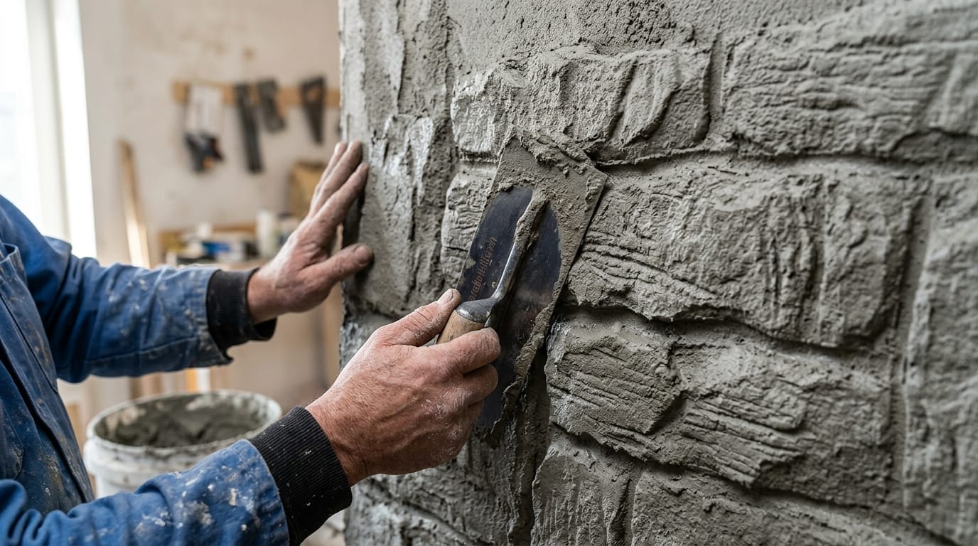 Mains appliquant un enduit gris texturé avec une taloche en acier sur un mur imitant la pierre