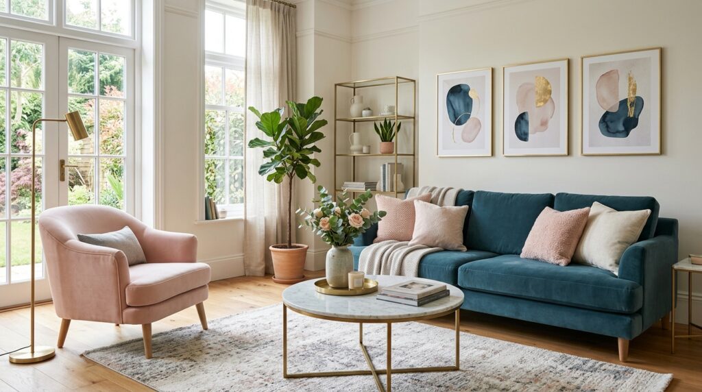 Comment associer le bleu canard et le rose poudré en décoration ?