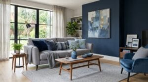 Salon moderne gris et bleu avec canapé gris et mur bleu marine