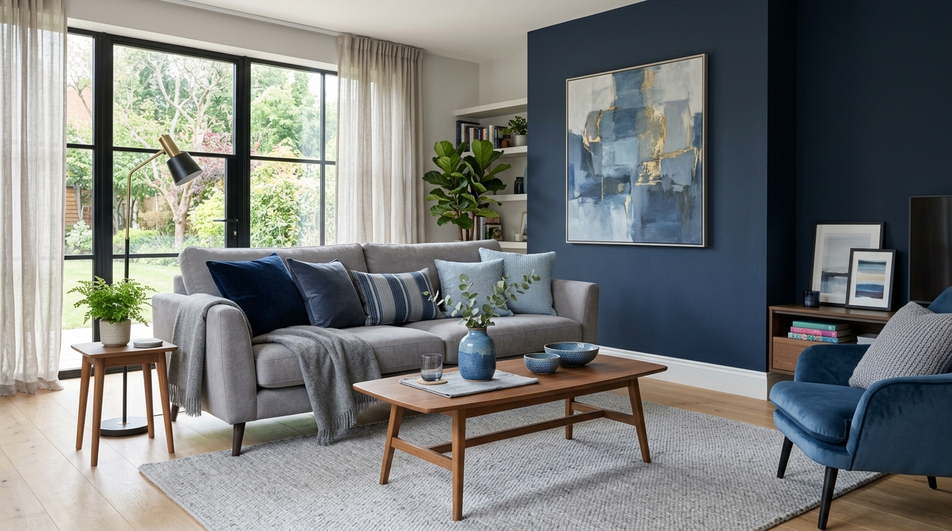 Comment associer le gris et le bleu dans une décoration design ? Salon moderne gris et bleu avec canapé gris et mur bleu marine