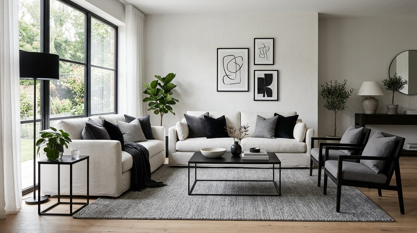 Salon minimaliste en noir blanc et gris avec canapé blanc coussins sombres et table basse noire Salon minimaliste en noir blanc et gris avec canapé blanc coussins sombres et table basse noire
