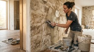 Artisan appliquant un enduit imitation pierre beige sur un mur avec une truelle
