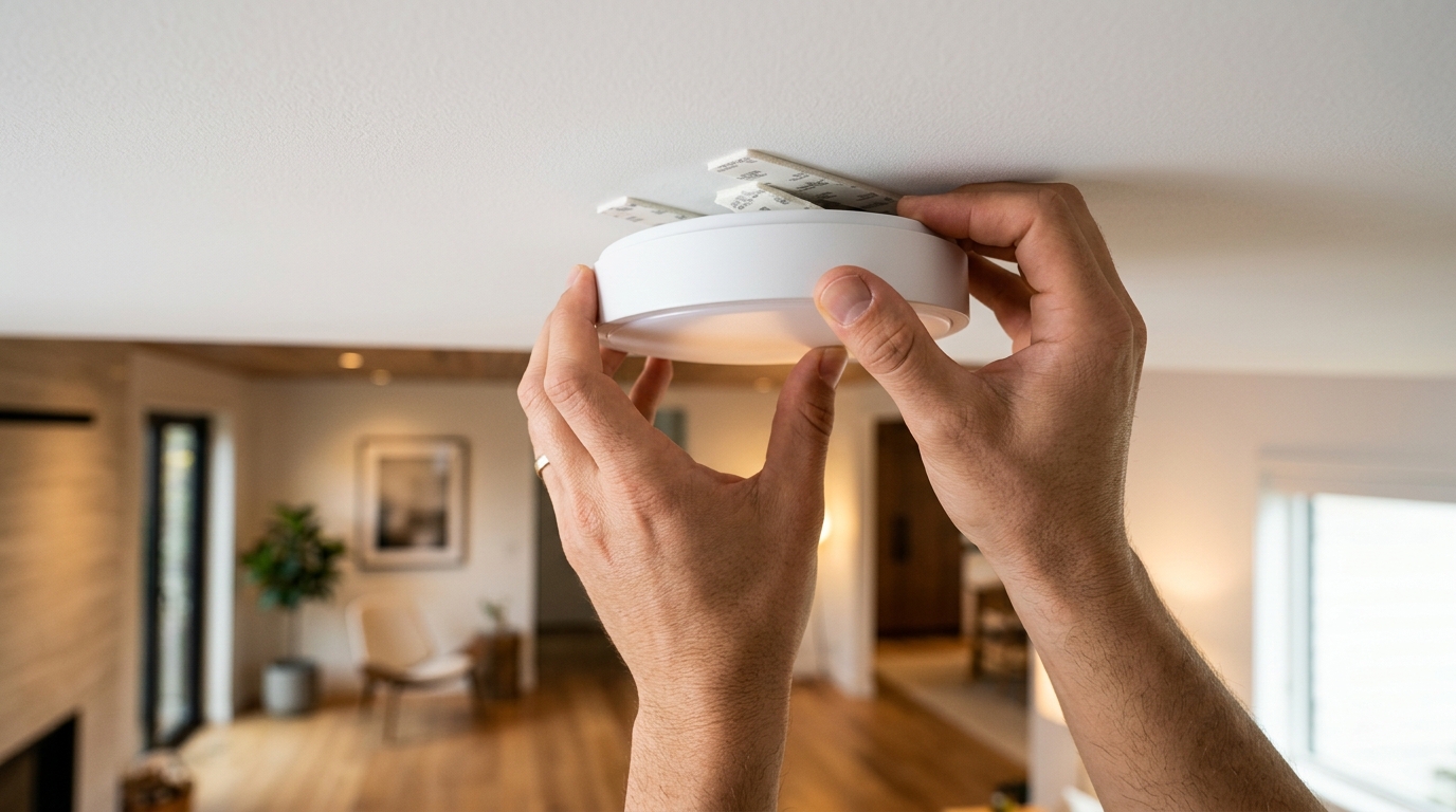 Deux mains fixant une lampe LED sans fil au plafond avec des bandes adhésives double face Deux mains fixant une lampe LED sans fil au plafond avec des bandes adhésives double face