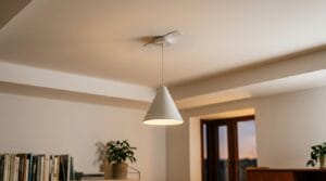 Lampe LED suspendue sans fil fixée au plafond avec strips adhésives dans un salon moderne