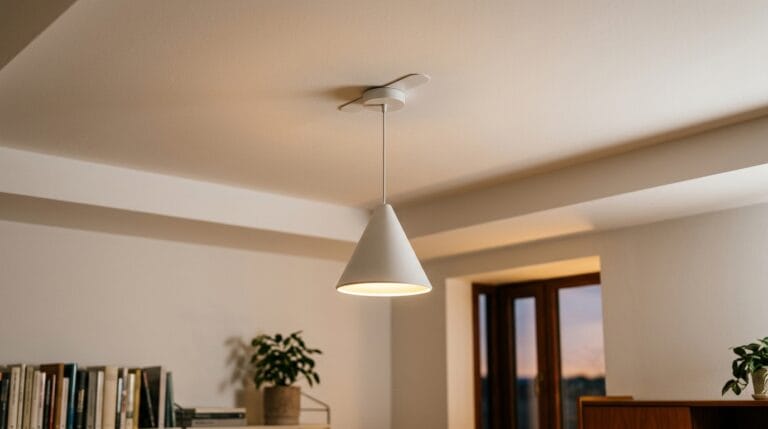 Comment installer une lampe au plafond sans arrivée électrique ? Lampe LED suspendue sans fil fixée au plafond avec strips adhésives dans un salon moderne