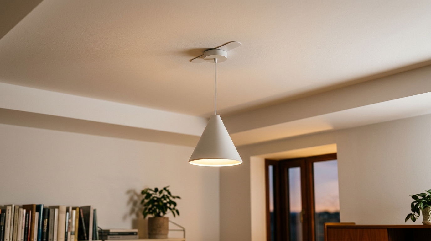 Lampe LED suspendue sans fil fixée au plafond avec strips adhésives dans un salon moderne