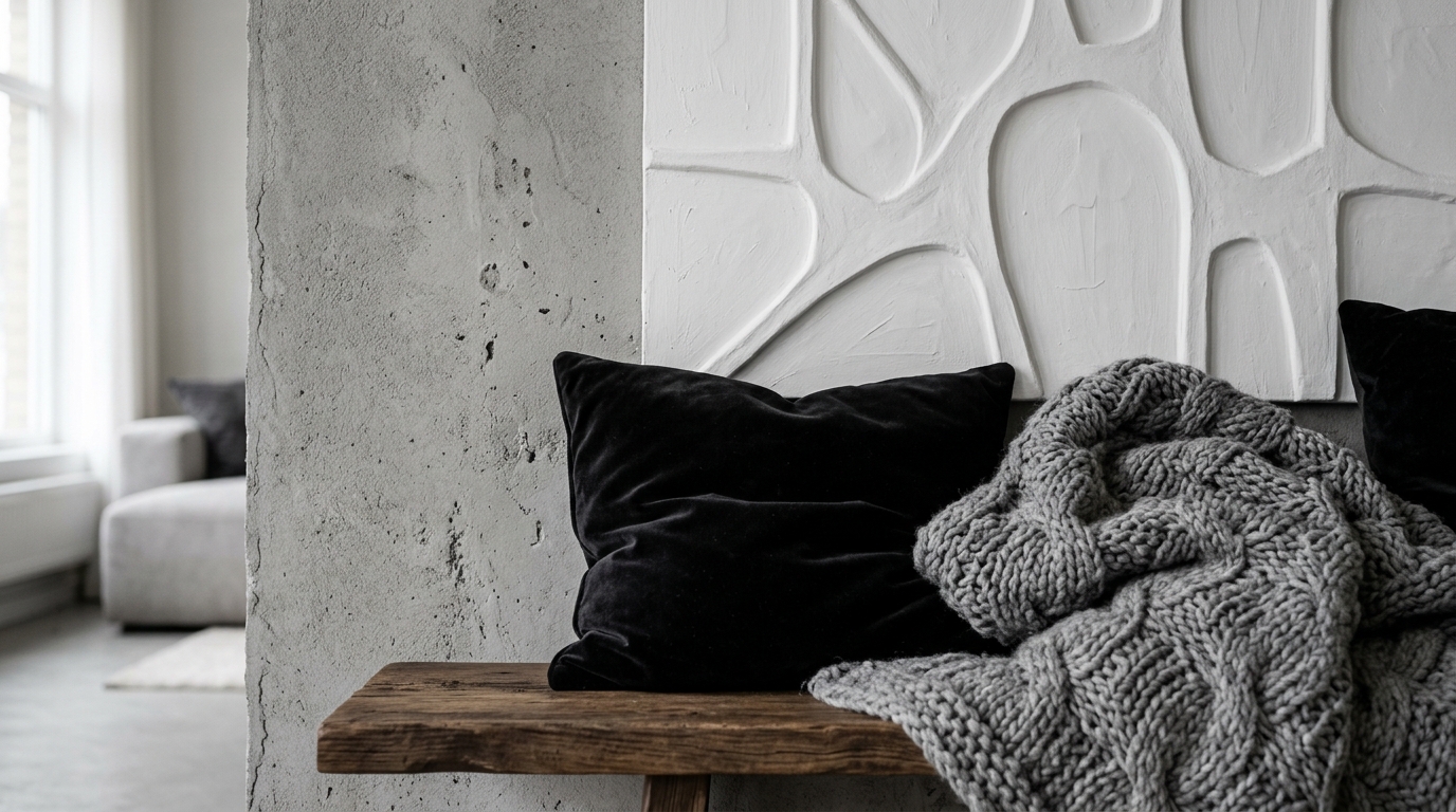 Mur de salon avec peinture béton gris mat, relief blanc et coussins velours noirs Mur de salon avec peinture béton gris mat, relief blanc et coussins velours noirs