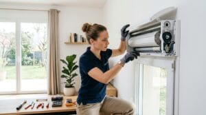 Technicien ouvrant le coffre blanc d'un volet roulant intérieur avec des outils