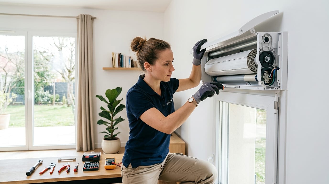 Technicien ouvrant le coffre blanc d'un volet roulant intérieur avec des outils