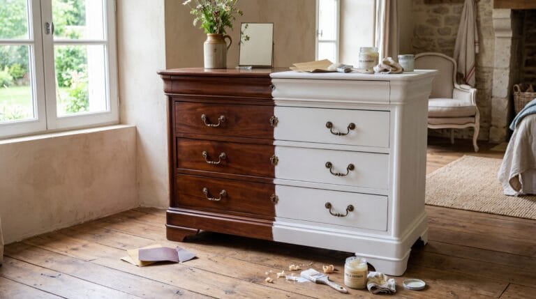 Comment relooker des meubles Louis Philippe ? Commode Louis Philippe restaurée mi-acajou mi-blanc craie avec outils de relooking au sol
