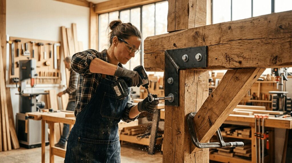 Charpentier fixant des équerres métalliques sur une poutre en bois dans un atelier