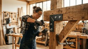 Charpentier fixant des équerres métalliques sur une poutre en bois dans un atelier