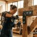 Charpentier fixant des équerres métalliques sur une poutre en bois dans un atelier