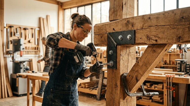 Comment renforcer une poutre en bois ? Charpentier fixant des équerres métalliques sur une poutre en bois dans un atelier