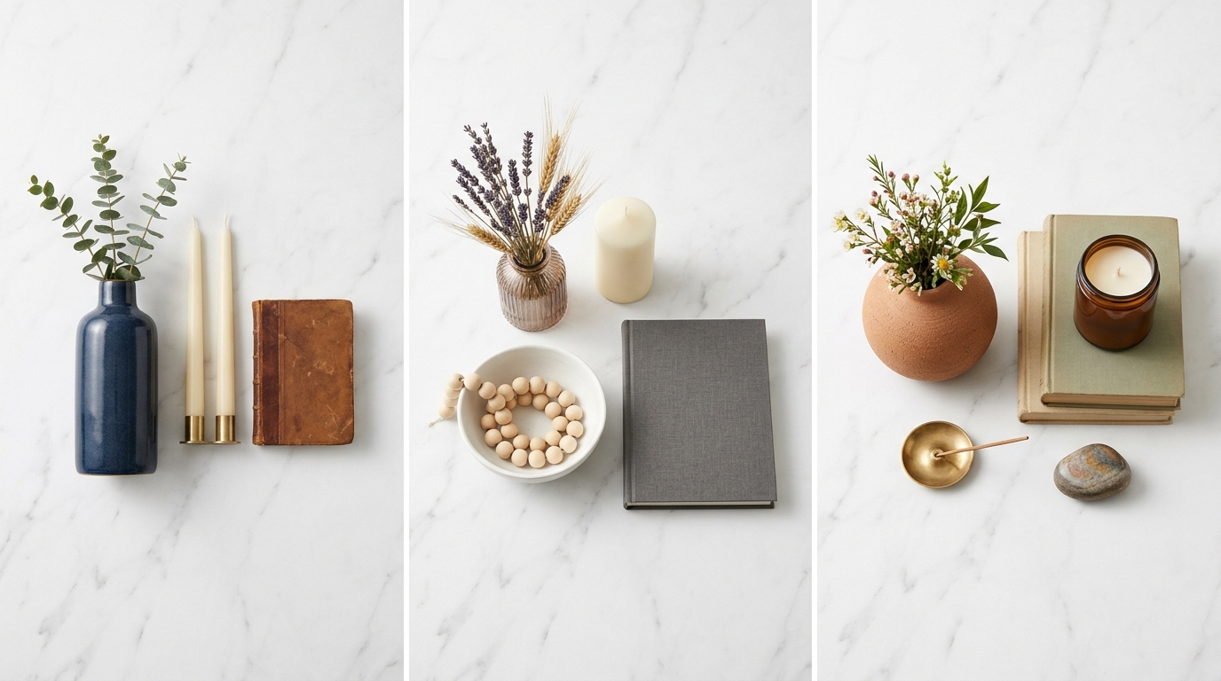 Trois compositions décoratives côte à côte avec 3, 4 et 5 objets sur marbre blanc