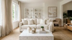 Déco moderne aux tons beige et blanc avec canapé crème et table basse en marbre