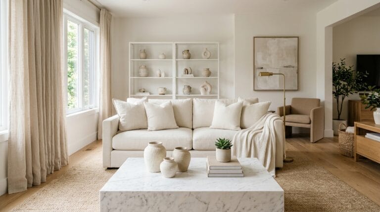 Déco beige et blanc : comment l’adopter dans votre intérieur ? Déco moderne aux tons beige et blanc avec canapé crème et table basse en marbre