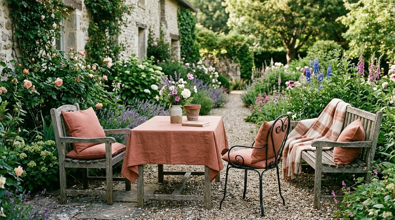 Décoration de jardin harmonieuse avec coussins colorés