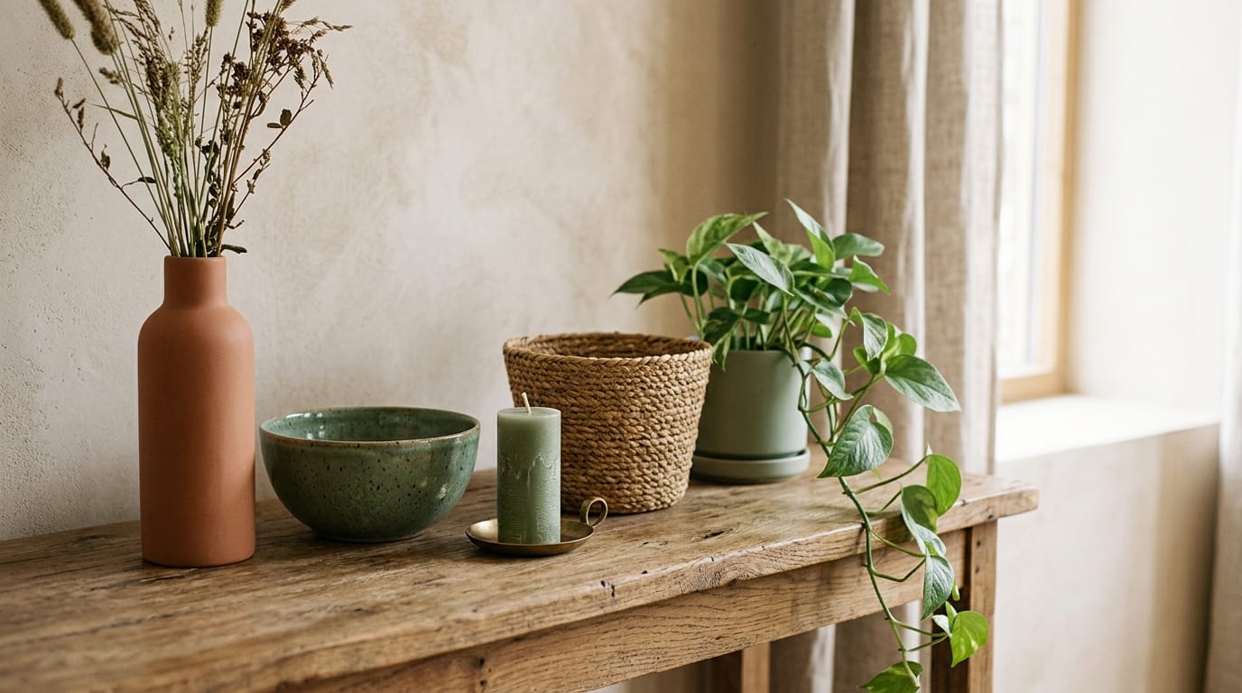 Console en bois avec cinq objets décoratifs de hauteurs variées en terracotta et sauge