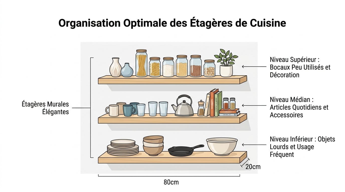 Étagère murale de cuisine bien organisée Organisation d'un étagère murale de cuisine avec bocaux décoratifs
