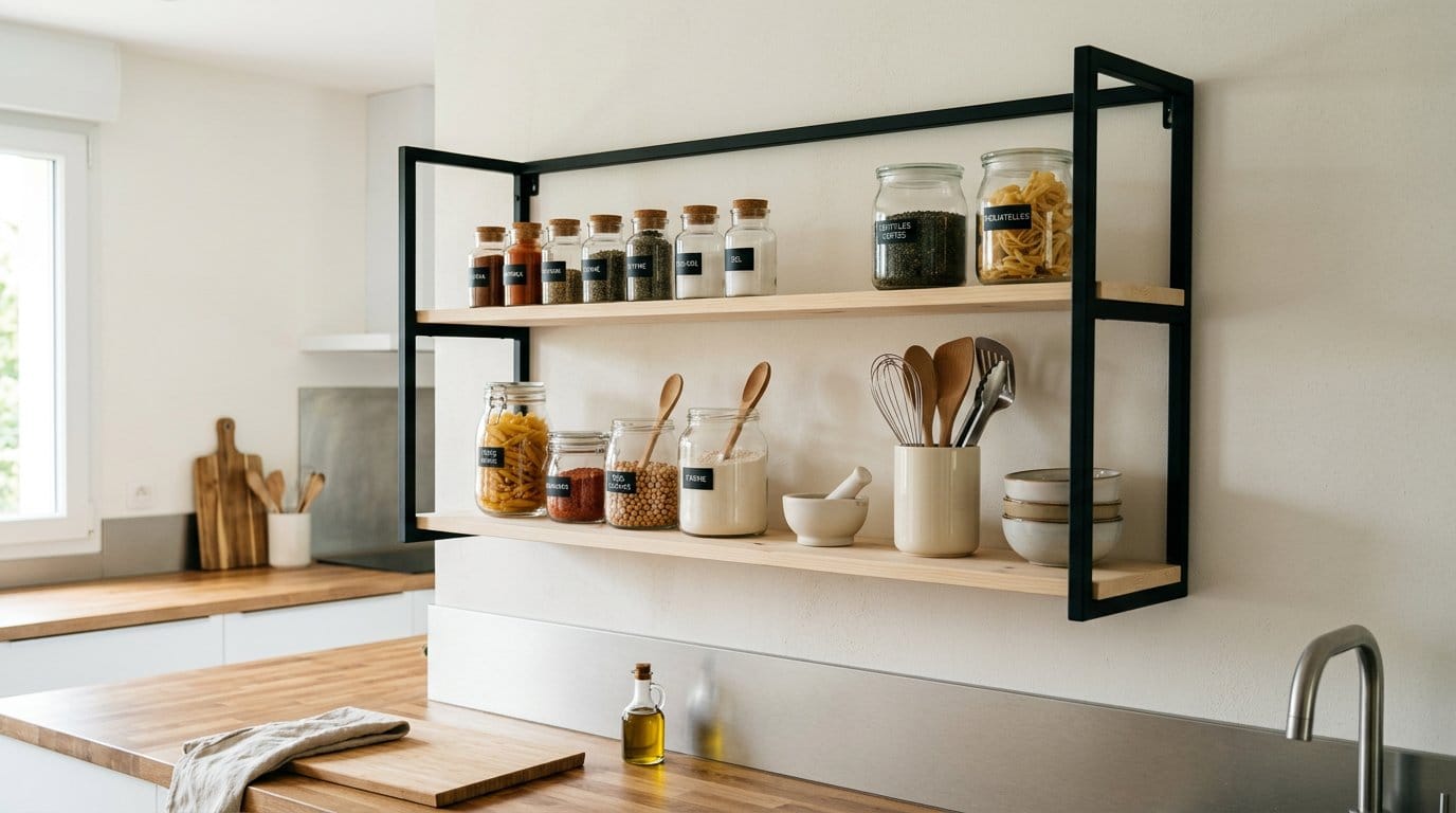 Étagère murale de cuisine optimisant le rangement Étagère murale de cuisine avec épices et bocaux