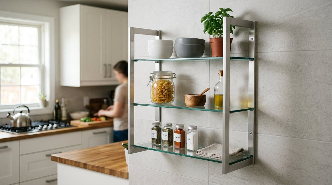 Étagère moderne en métal brossé avec plateau en verre trempé Étagère de cuisine en métal brossé avec plateau en verre trempé